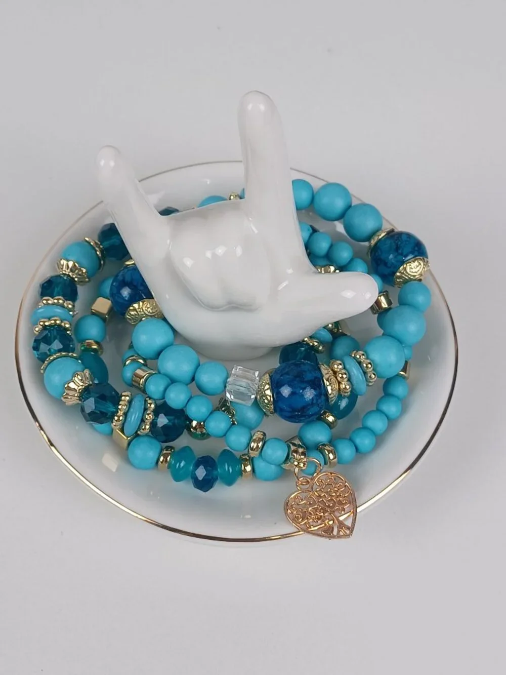4-Piece Bohemian Beaded Bracelet Set - Blue Heart & Tree Pendants